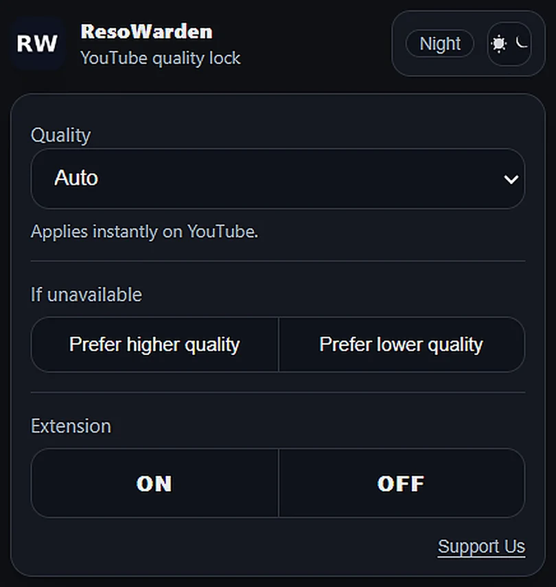ResoWarden popup with quality controls